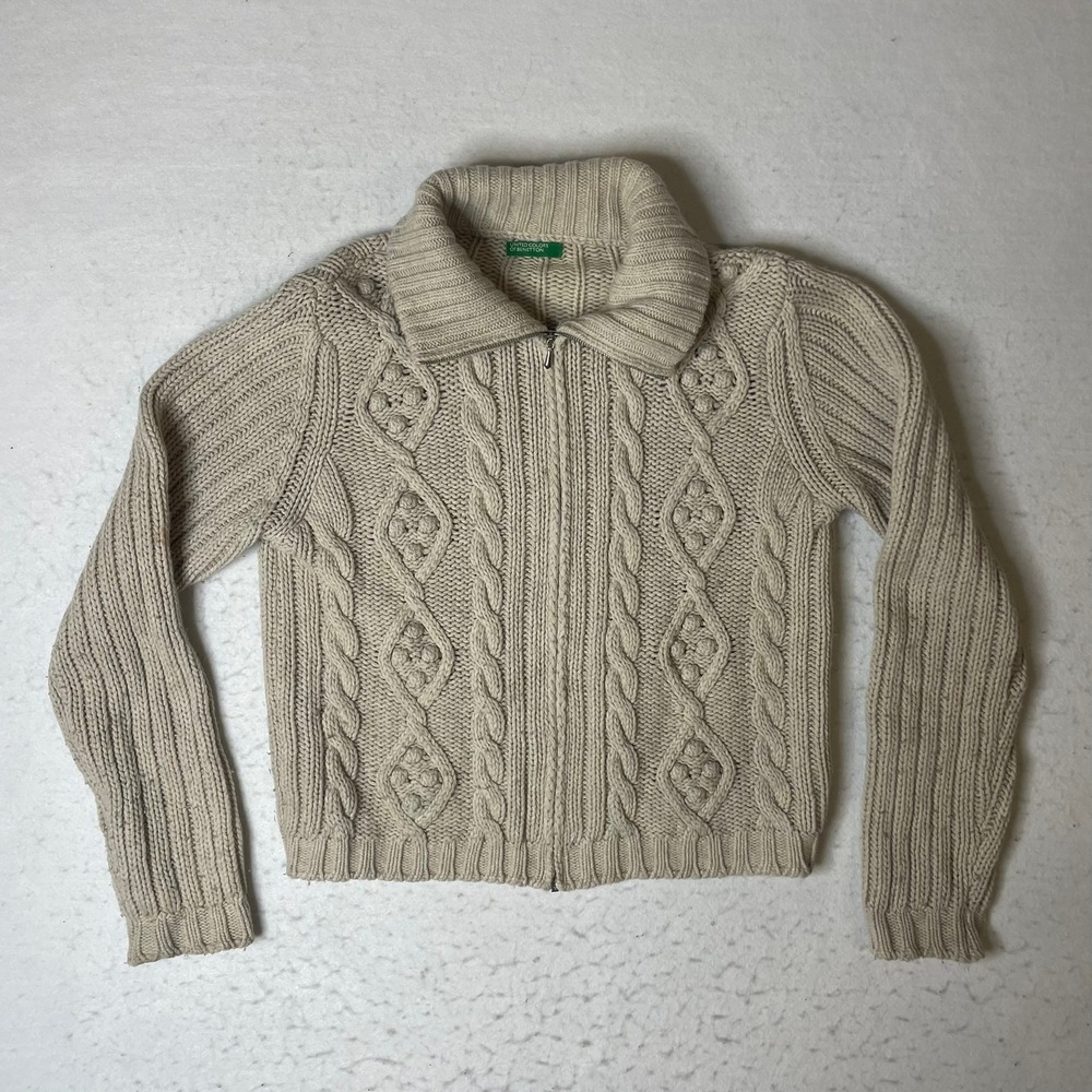 United Colors of Benetton‎ Cable Knit Full Zip Collared Sweater Beige Italy